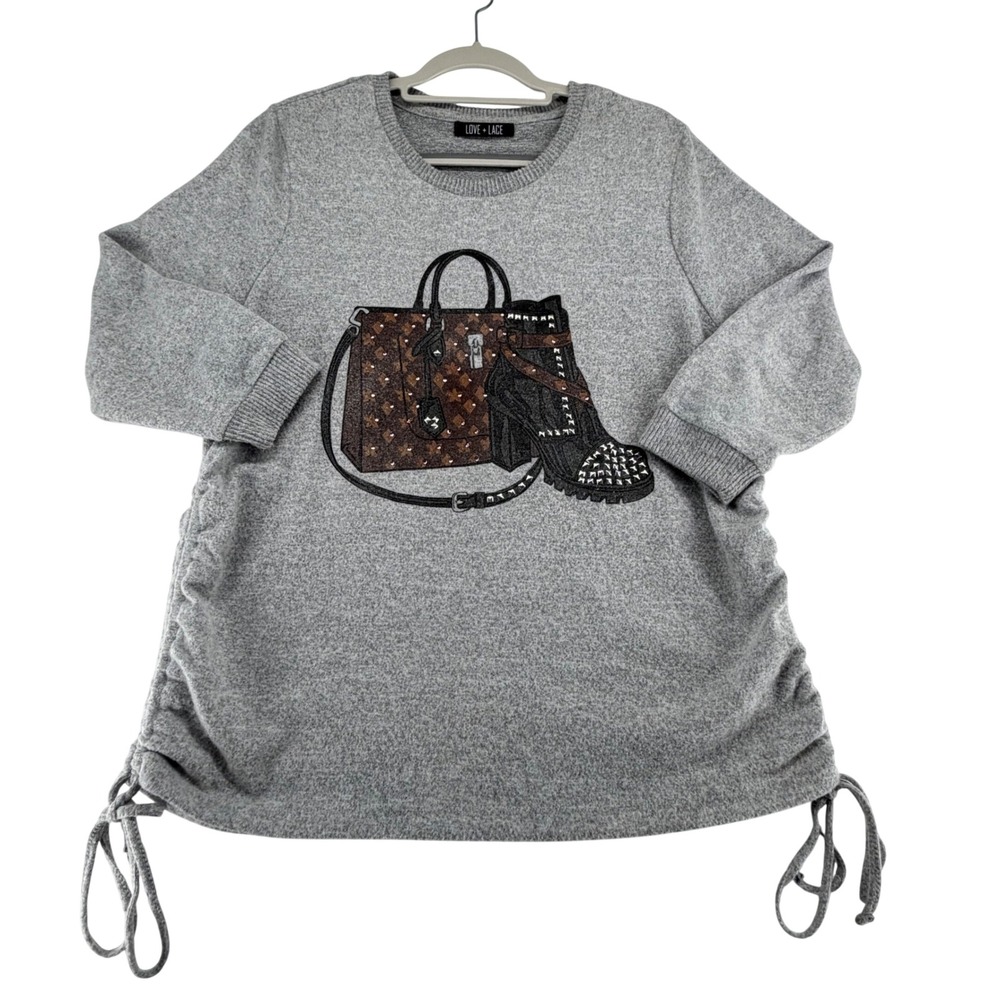 Love + Lace Womens XL Gray Sweater Studded Boots Handbag Side Ruched Drawstring